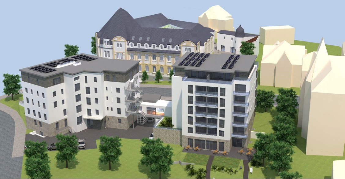 Visualisierung Seniorenzentrum Plauen mit Neubauten vor einem historischen Gebäude